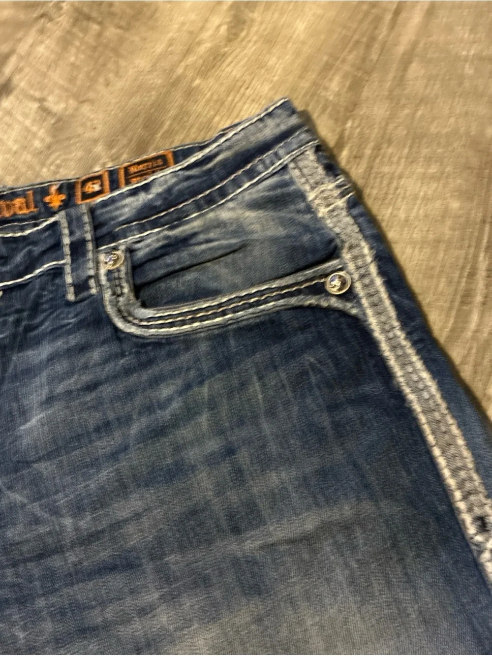 Vintage Rock Revival Jeans Men’s  Blue Cotton Straight Distressed Flap SZ 42